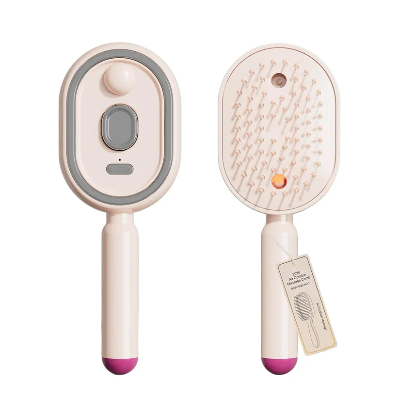 Achandvee 3-in-1 electric spray massage hair brush with self-cleaning feature, showing bristles and spray nozzle in use.