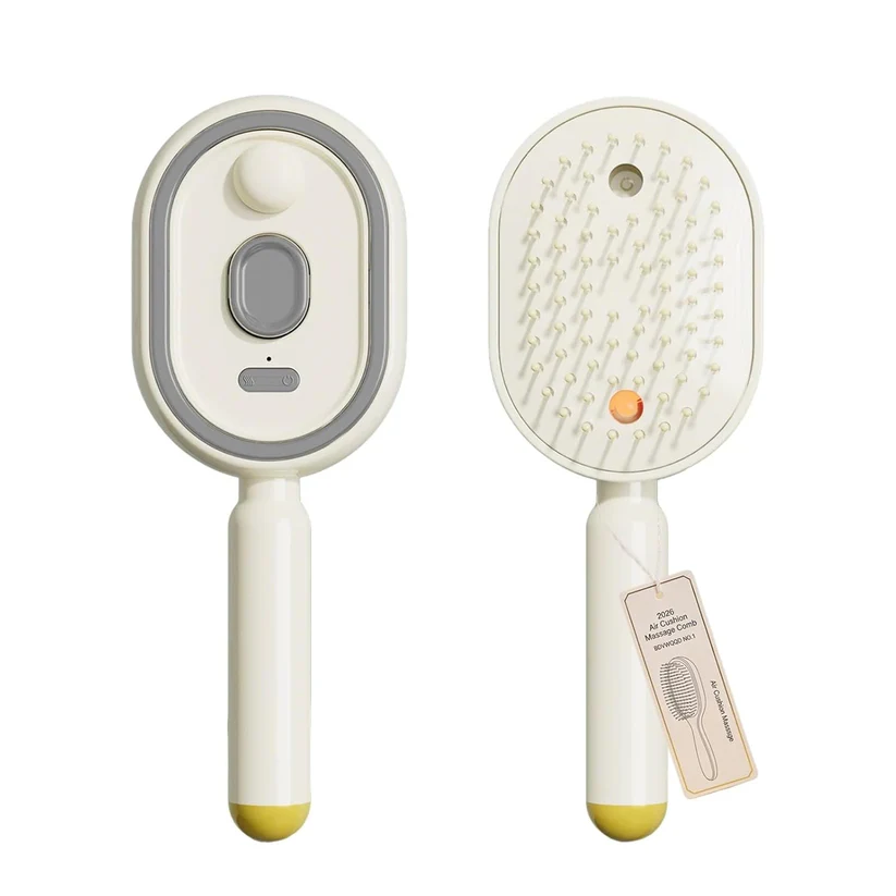 Achandvee 3-in-1 electric spray massage hair brush with self-cleaning feature, showing the sleek hairbrush design and spray nozzle.