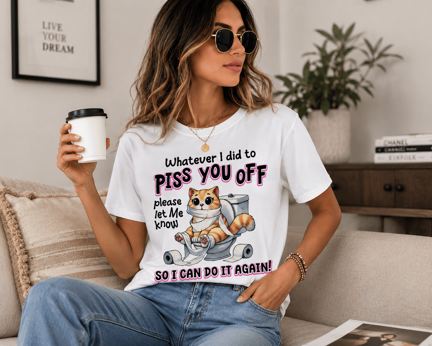 Women's Funny Cat Slogan Crew Neck T-Shirt - achandvee Tops