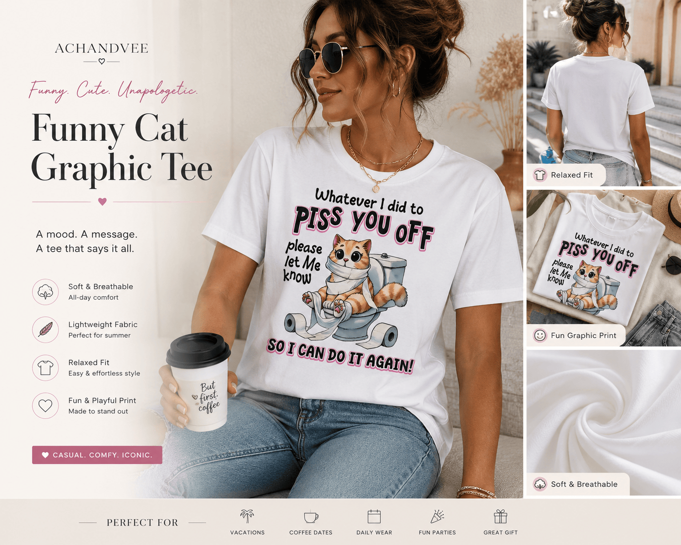 Women's Funny Cat Slogan Crew Neck T-Shirt - achandvee Tops