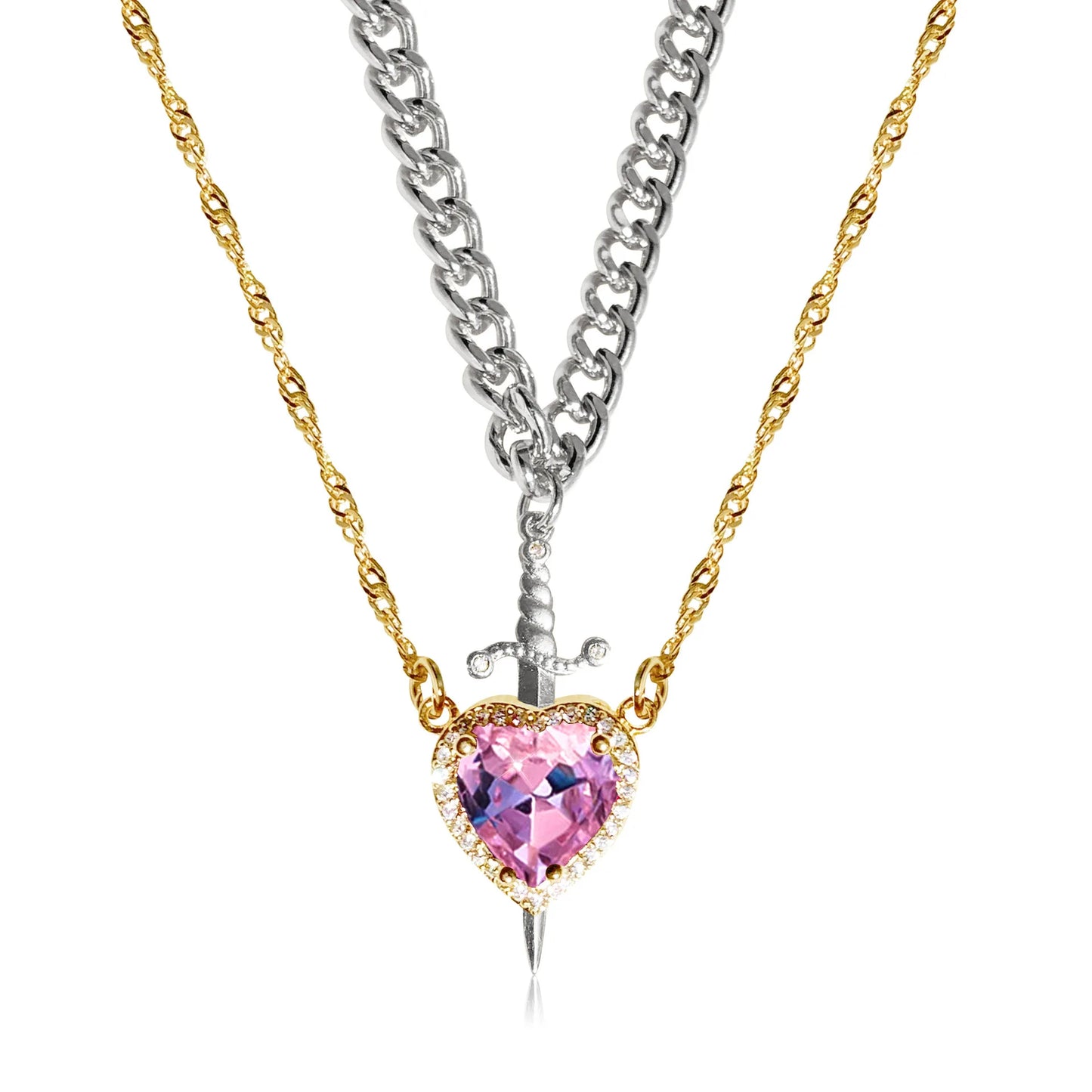 18K gold plated Heart and Sword couple necklace set by Achandvee, featuring a romantic pendant design in jewelry style.