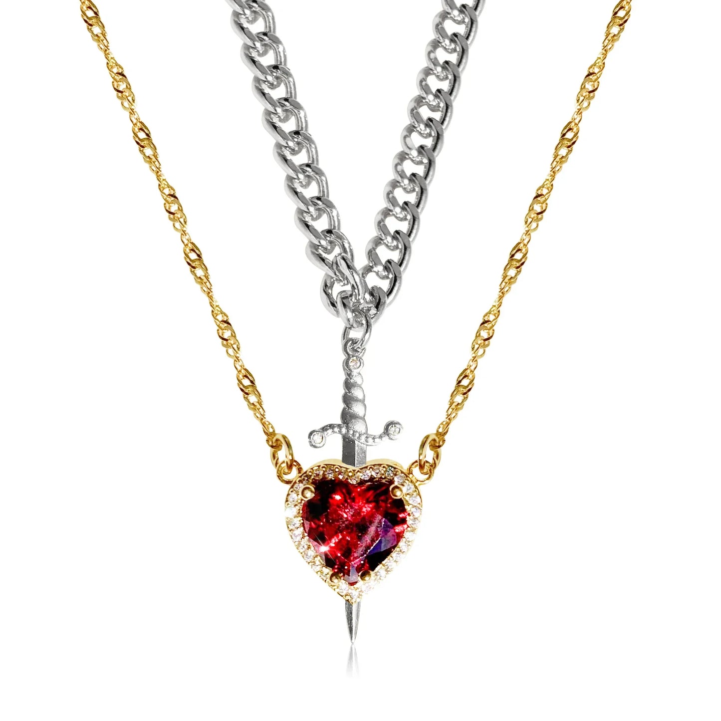 18K gold plated Heart and Sword couple necklace set by achandvee, featuring intertwined pendant designs for couples.
