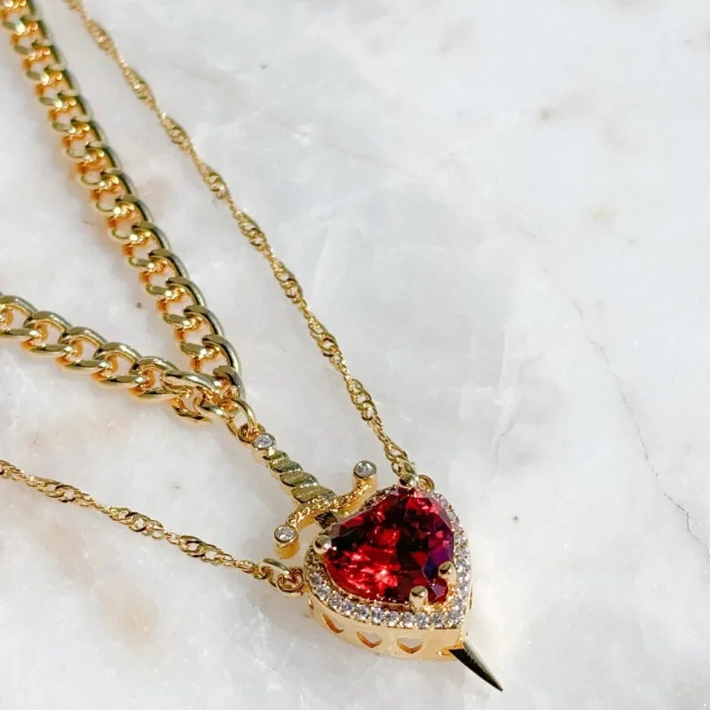 18K gold plated Heart and Sword couple necklace set featuring two matching jewelry pieces for couples, stylish and romantic accessory.