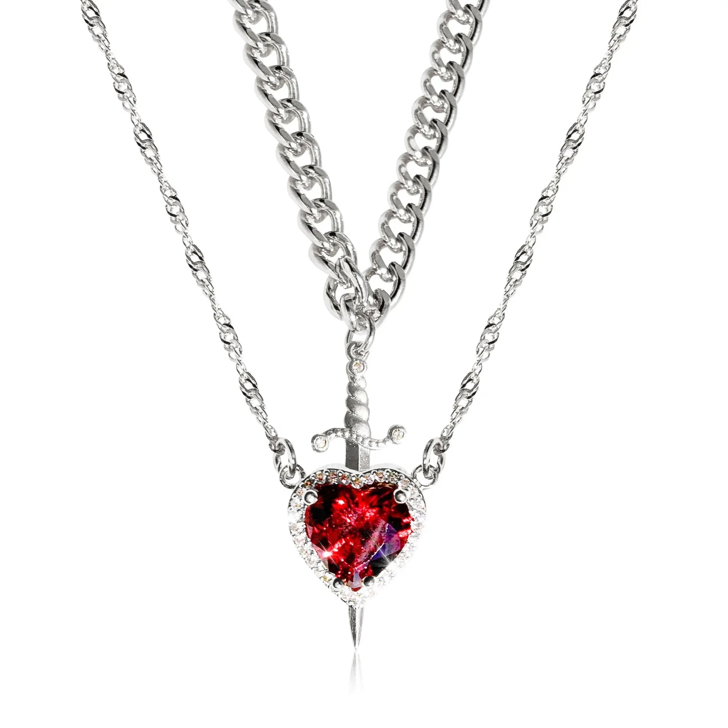 Heart and sword couple necklace set in 18K gold plating, featuring matching jewelry with intricate details and elegant design.