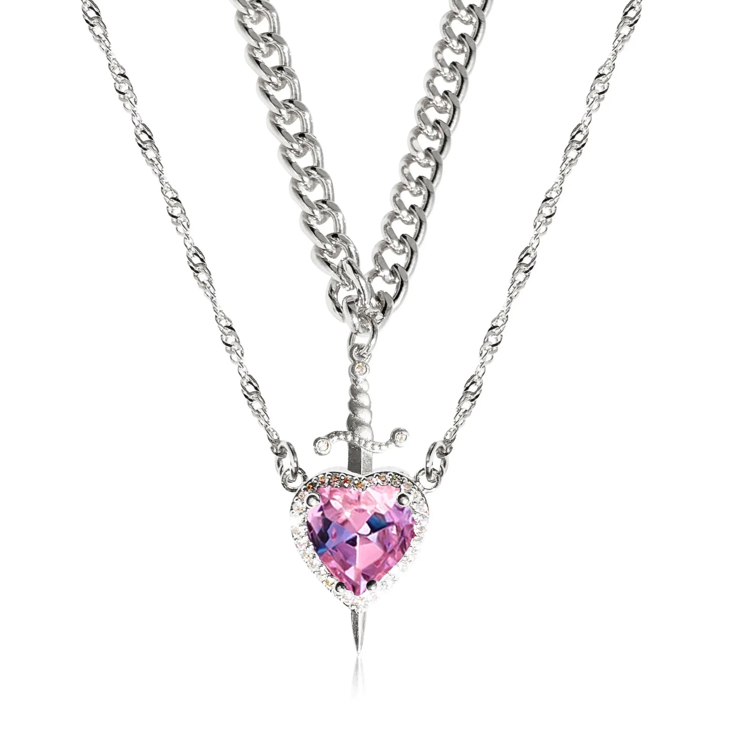 18K gold plated Heart & Sword couple necklace set by achandvee, featuring intertwined jewelry pieces on a delicate chain.