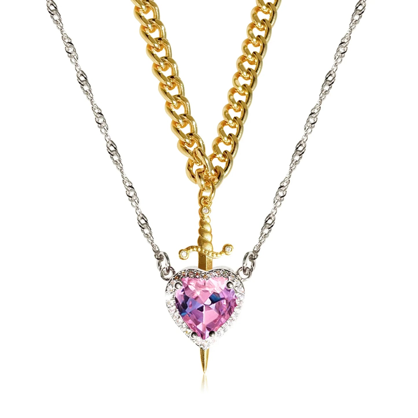 Heart and sword couple necklace set in 18K gold plating, featuring delicate jewelry with romantic design by achandvee.