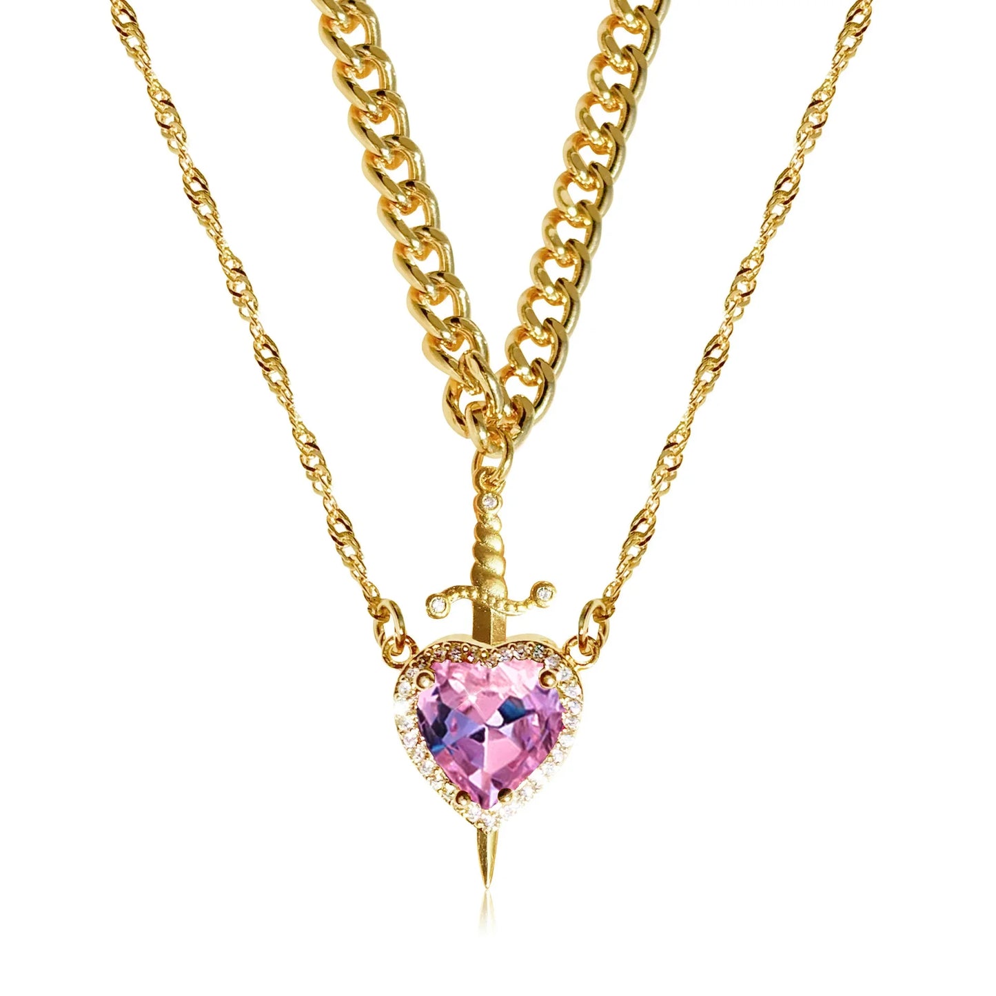 18K gold plated Heart and Sword couple necklace set by achandvee, featuring matching jewelry for couples.