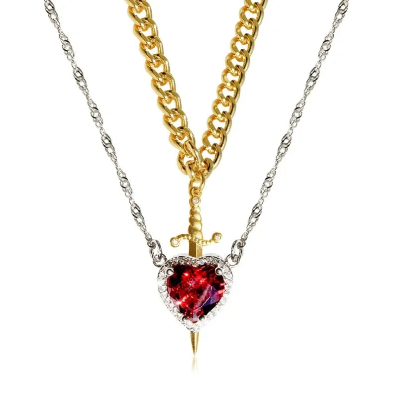 Gold plated Heart and Sword couple necklace set featuring intertwined pendants, elegant jewelry by achandvee.