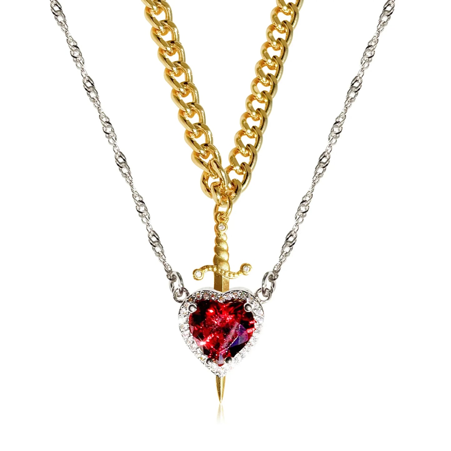 Gold plated Heart and Sword Couple Necklace set by achandvee, featuring intertwined pendants on delicate chains.