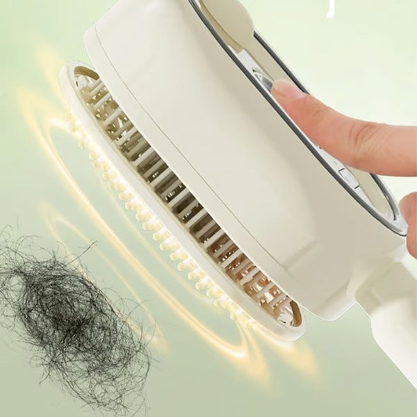 Achandvee 3-in-1 electric spray massage hair brush with self-cleaning feature, black and silver design, close-up view.