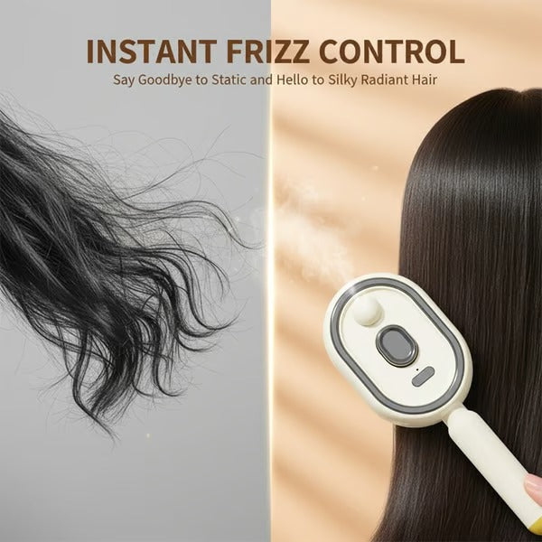 Achandvee 3-in-1 electric spray massage hair brush with self-cleaning feature, shown in use on hair for styling and scalp massage.